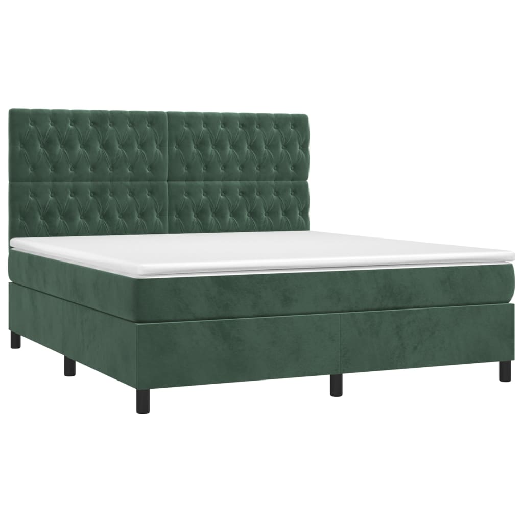 Cama box spring c/ colchão/LED 180x200 cm veludo verde-escuro