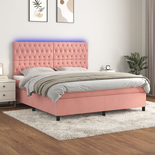 Cama box spring c/ colchão/LED 180x200 cm veludo rosa