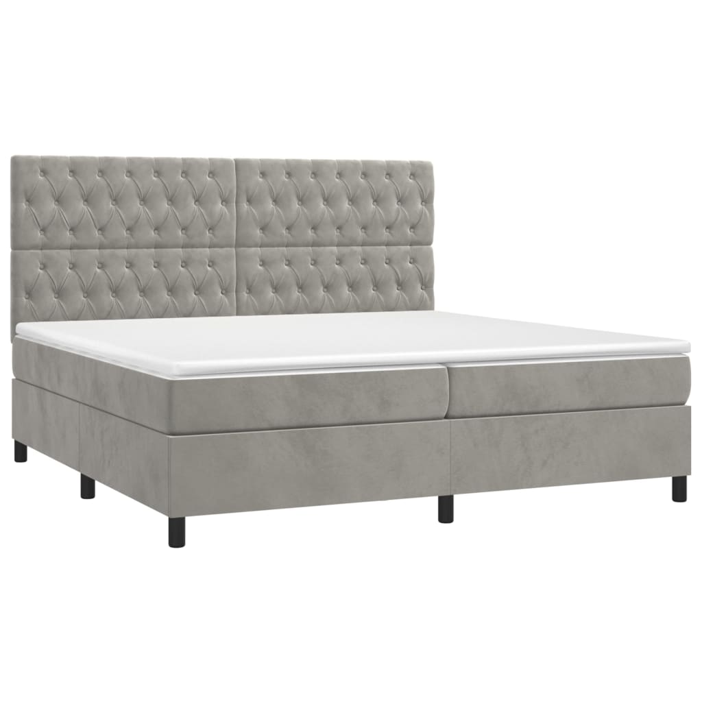 Cama box spring c/ colchão/LED 200x200 cm veludo cinzento-claro