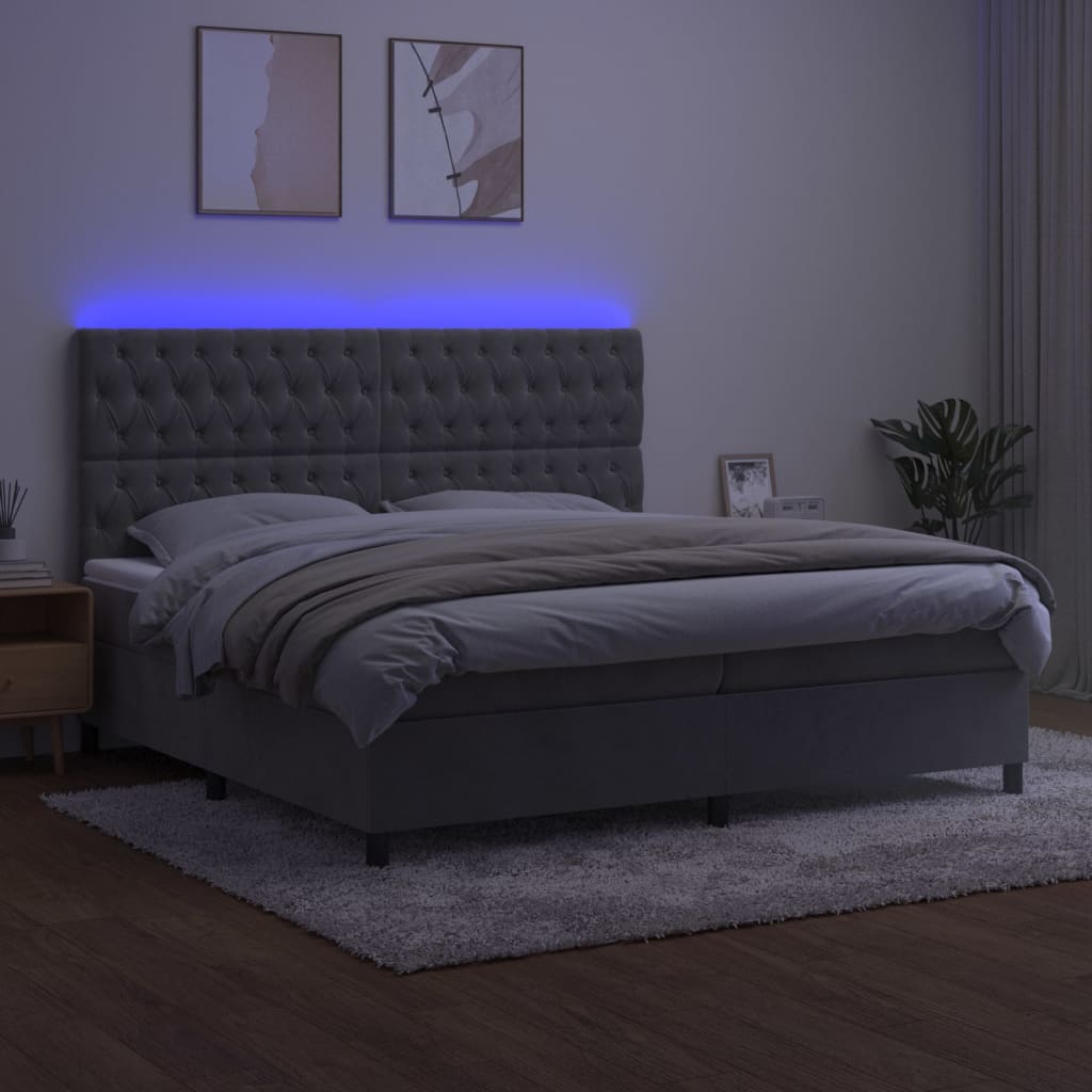 Cama box spring c/ colchão/LED 200x200 cm veludo cinzento-claro