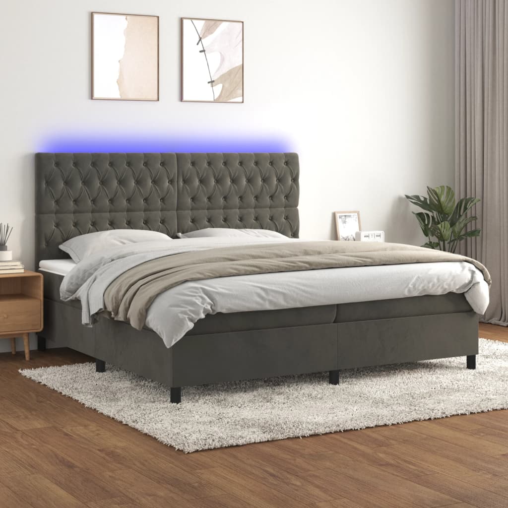 Cama box spring c/ colchão/LED 200x200cm veludo cinzento-escuro