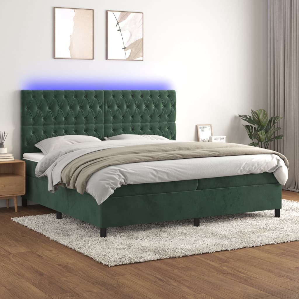 Cama box spring c/ colchão/LED 200x200 cm veludo verde-escuro