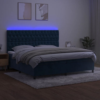 Cama box spring c/ colchão/LED 200x200 cm veludo azul-escuro