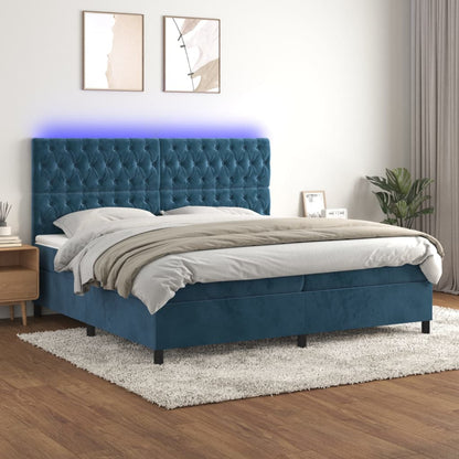 Cama box spring c/ colchão/LED 200x200 cm veludo azul-escuro