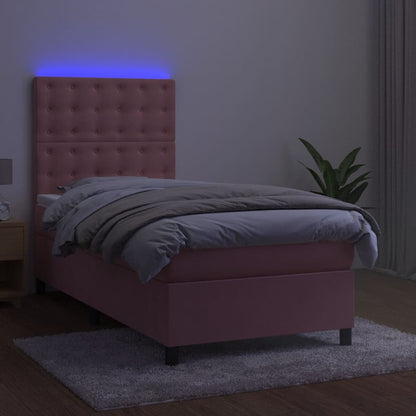 Cama box spring c/ colchão/LED 90x200 cm veludo rosa