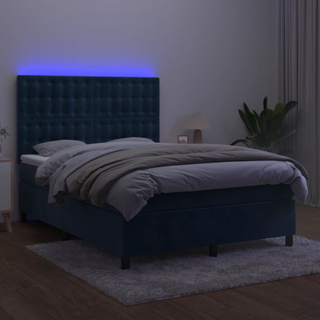 Cama box spring c/ colchão/LED 140x190 cm veludo azul-escuro