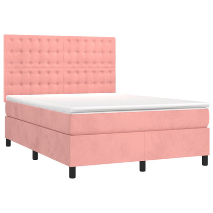 Cama box spring c/ colchão/LED 140x190 cm veludo rosa