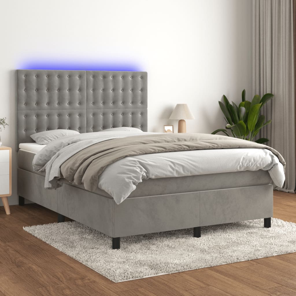 Cama box spring c/ colchão/LED 140x200 cm veludo cinzento-claro