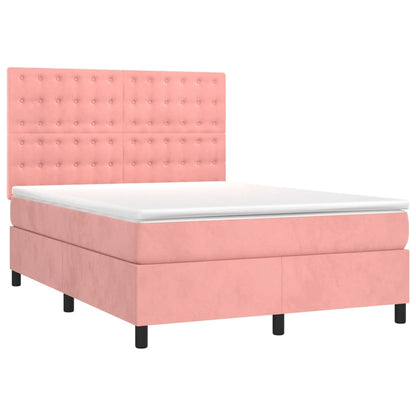 Cama box spring c/ colchão/LED 140x200 cm veludo rosa