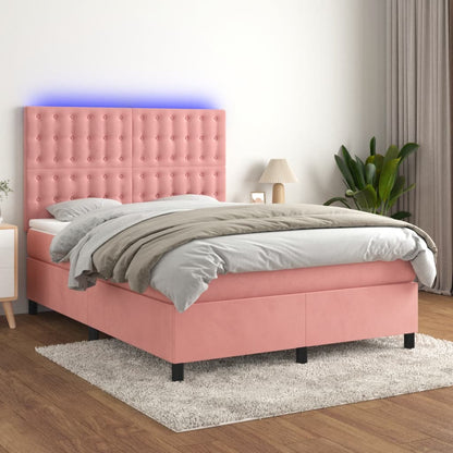 Cama box spring c/ colchão/LED 140x200 cm veludo rosa