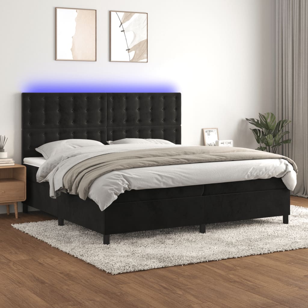 Cama box spring c/ colchão/LED 200x200 cm veludo preto