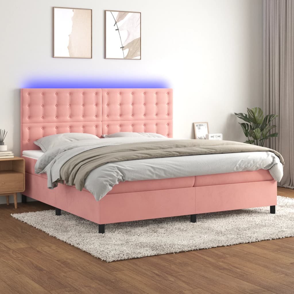 Cama box spring c/ colchão/LED 200x200 cm veludo rosa