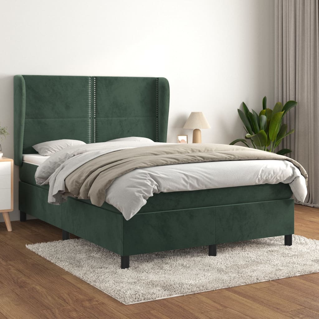 Cama com molas/colchão 140x190 cm veludo verde-escuro