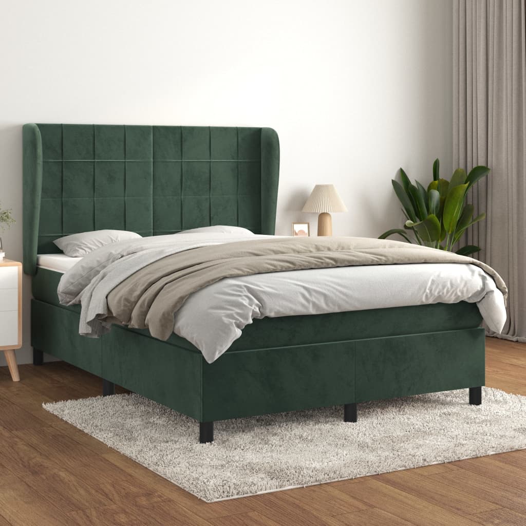 Cama com molas/colchão 140x190 cm veludo verde-escuro