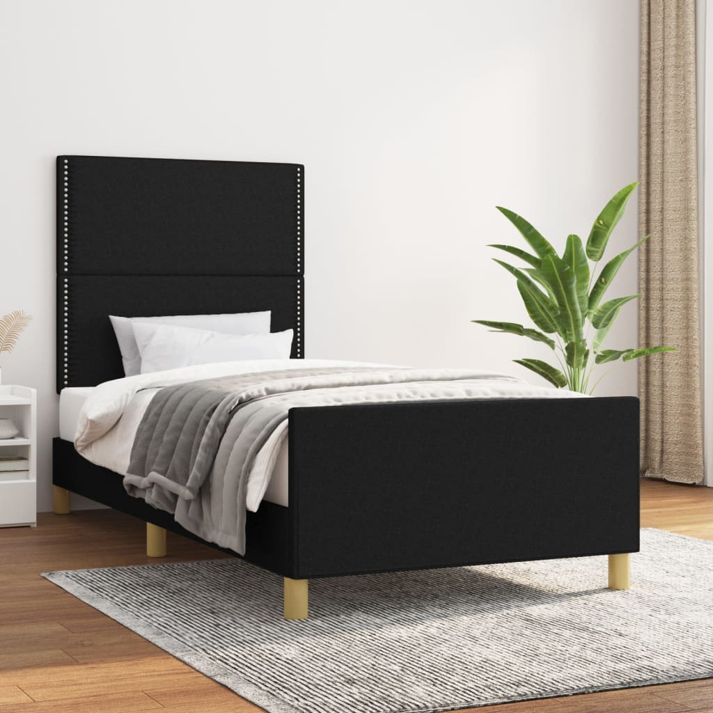 Estrutura de cama c/ cabeceira tecido 90x190 cm preto