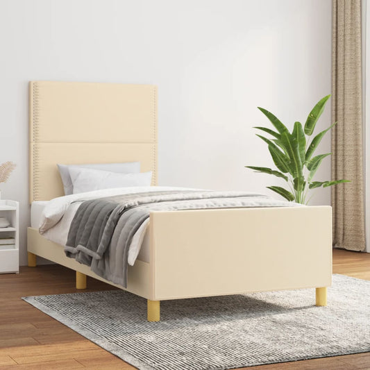 Estrutura de cama c/ cabeceira tecido cor creme 90x190 cm