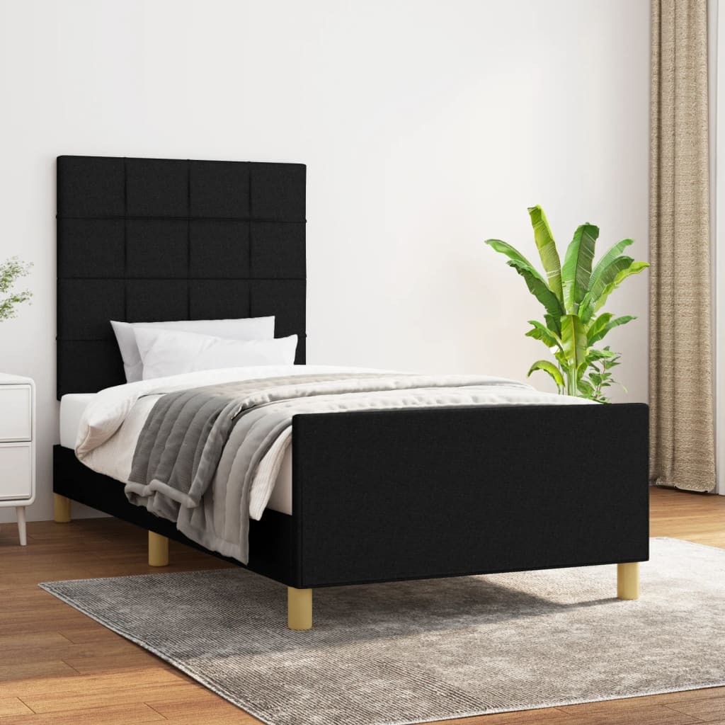 Estrutura de cama c/ cabeceira tecido 90x190 cm preto