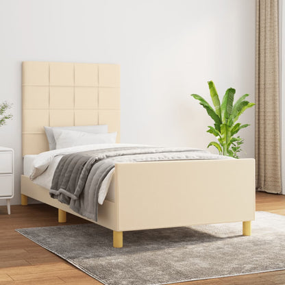 Estrutura de cama c/ cabeceira tecido cor creme 90x190 cm