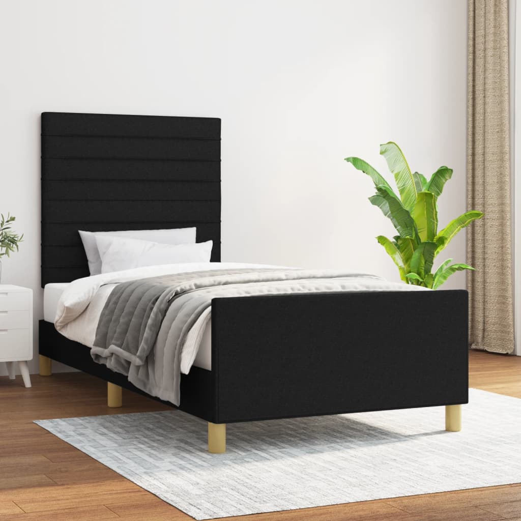 Estrutura de cama c/ cabeceira tecido 90x190 cm preto