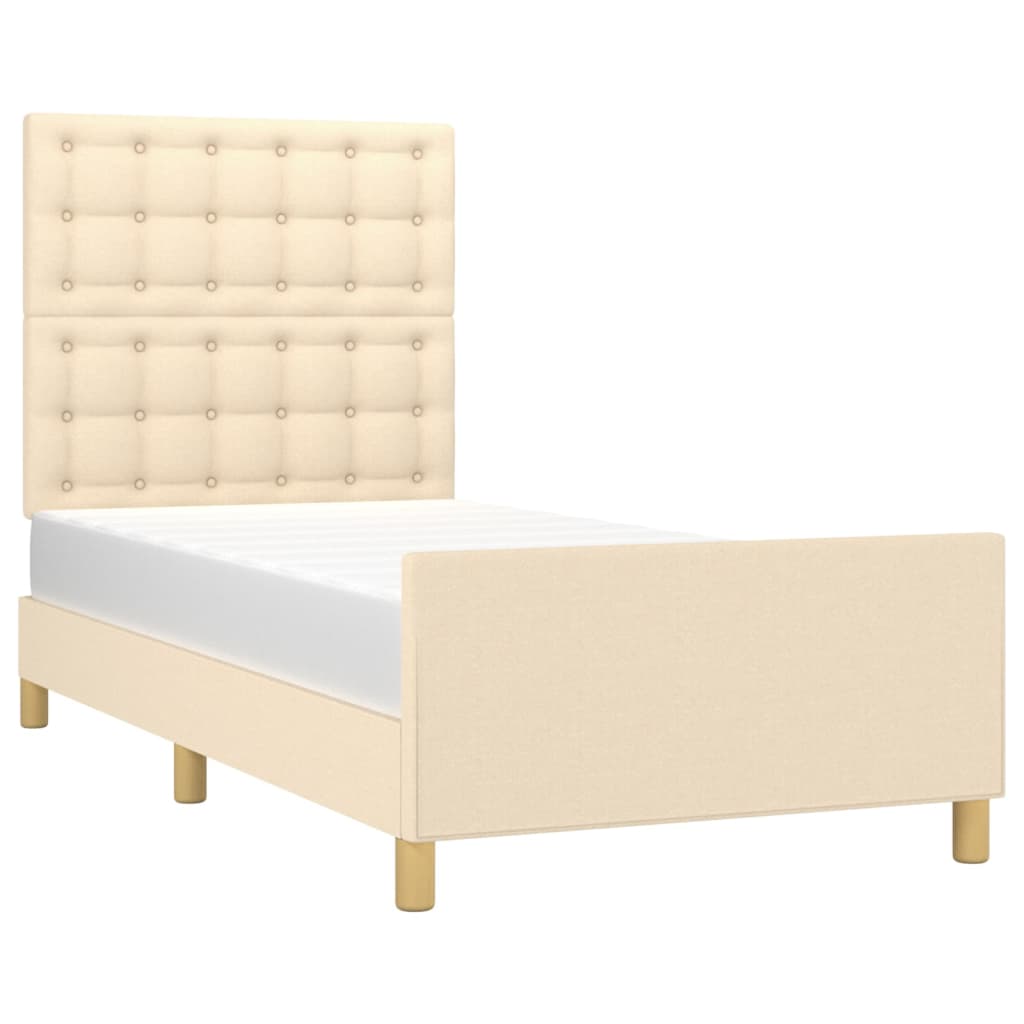 Estrutura de cama c/ cabeceira tecido cor creme 90x190 cm