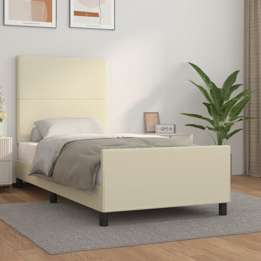 Estrutura de cama c/ cabeceira couro artificial 80x200 cm creme