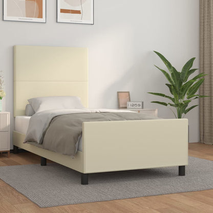 Estrutura de cama c/ cabeceira couro artificial 90x190 cm creme