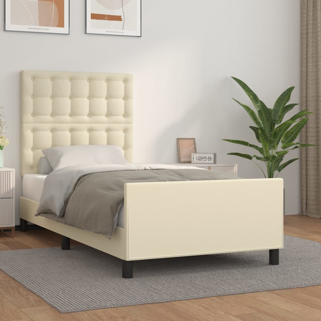 Estrutura de cama c/ cabeceira couro artificial 100x200cm creme