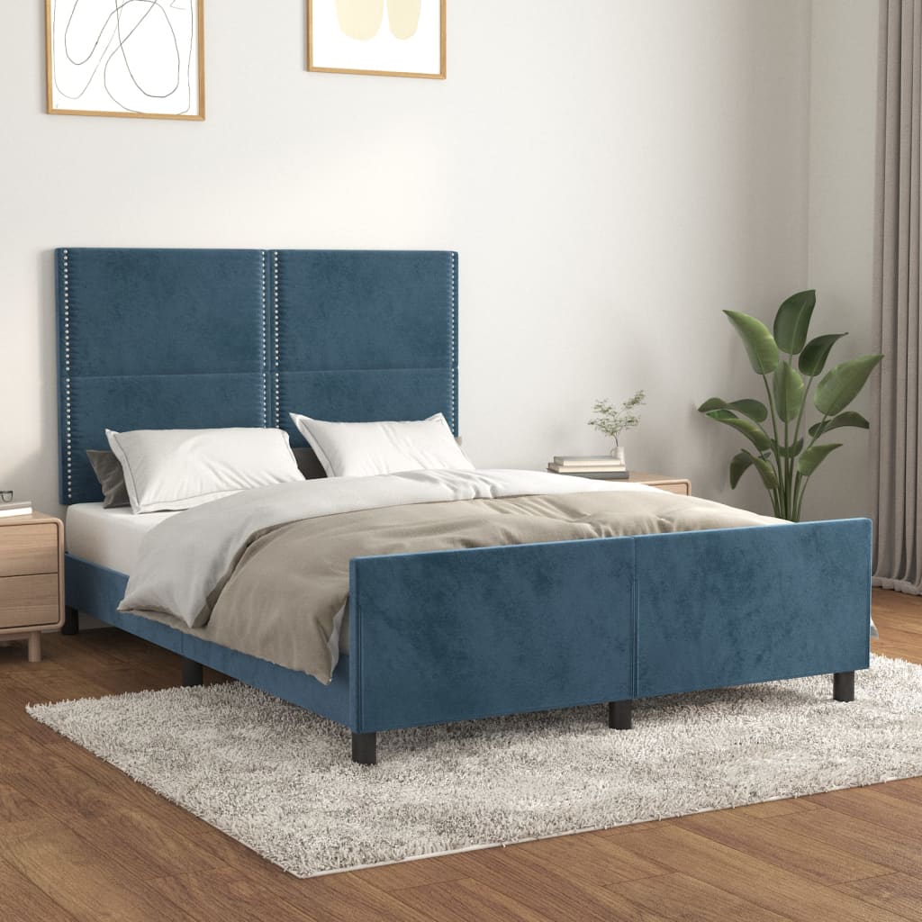 Estrutura de cama c/ cabeceira 140x190 cm veludo azul-escuro