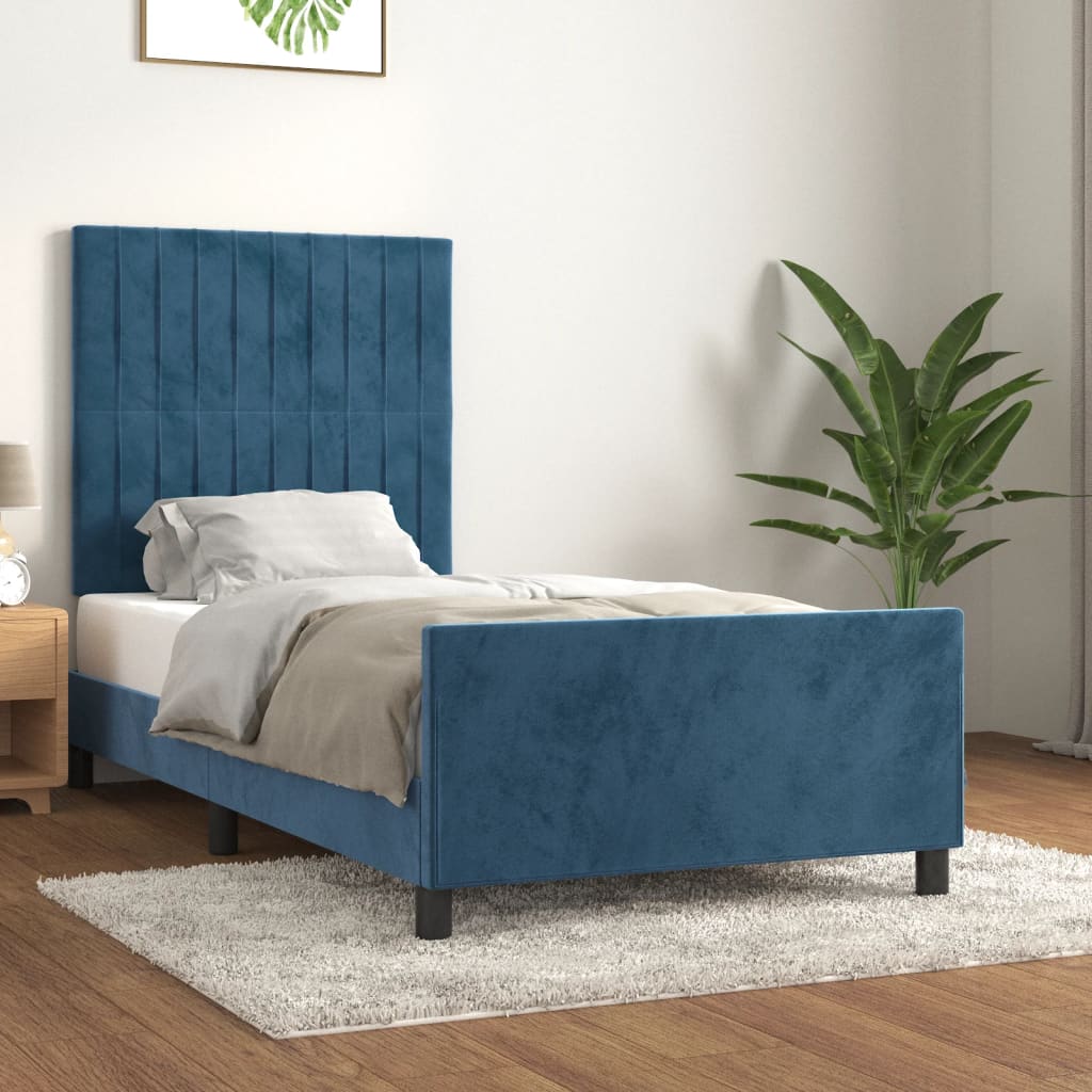 Estrutura de cama c/ cabeceira 90x190 cm veludo azul-escuro