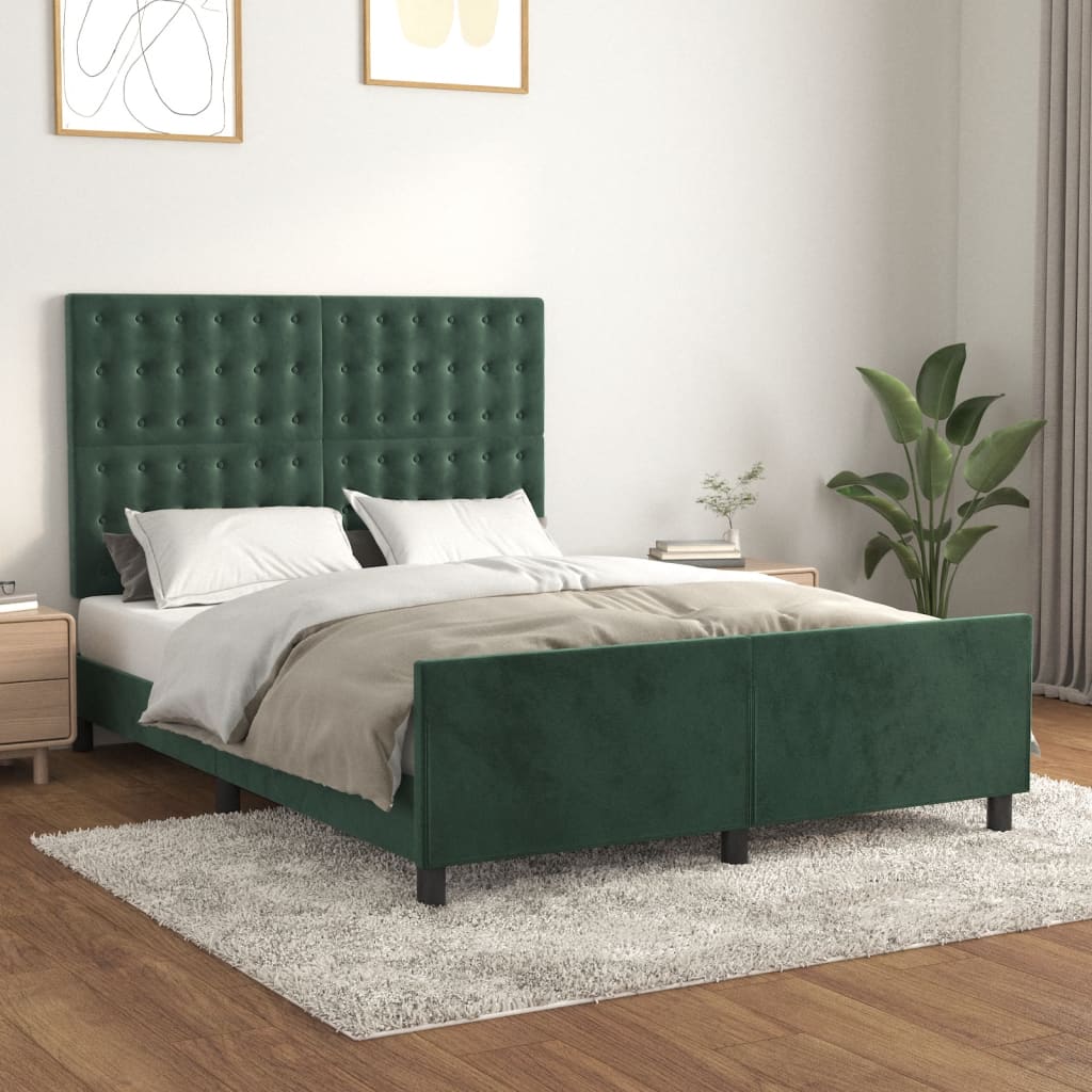 Estrutura de cama c/ cabeceira 140x190 cm veludo verde-escuro