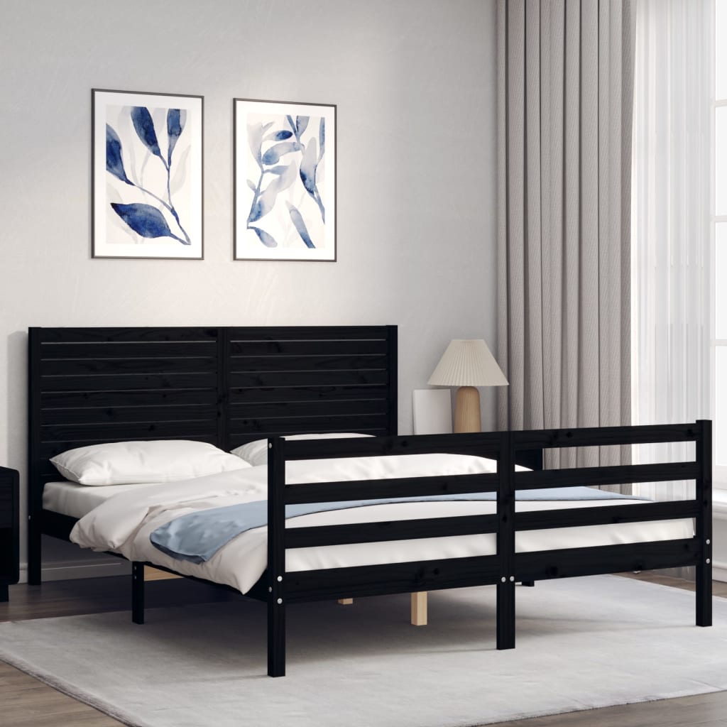 Estrutura de cama com cabeceira 160x200 cm madeira maciça preto