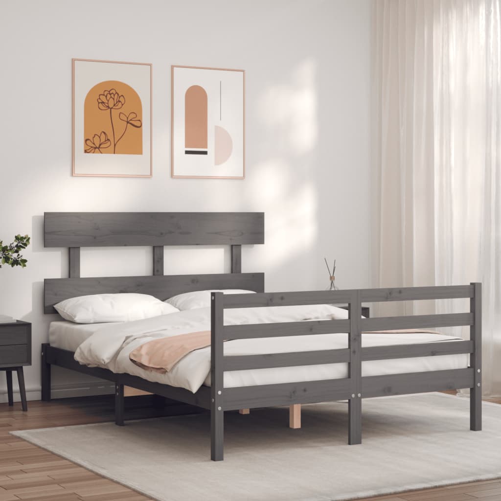 Estrutura de cama com cabeceira 140x190 cm madeira maciça cinza