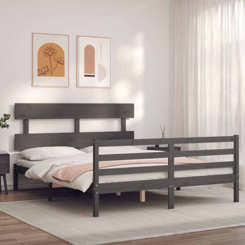 Estrutura de cama com cabeceira 160x200 cm madeira maciça cinza