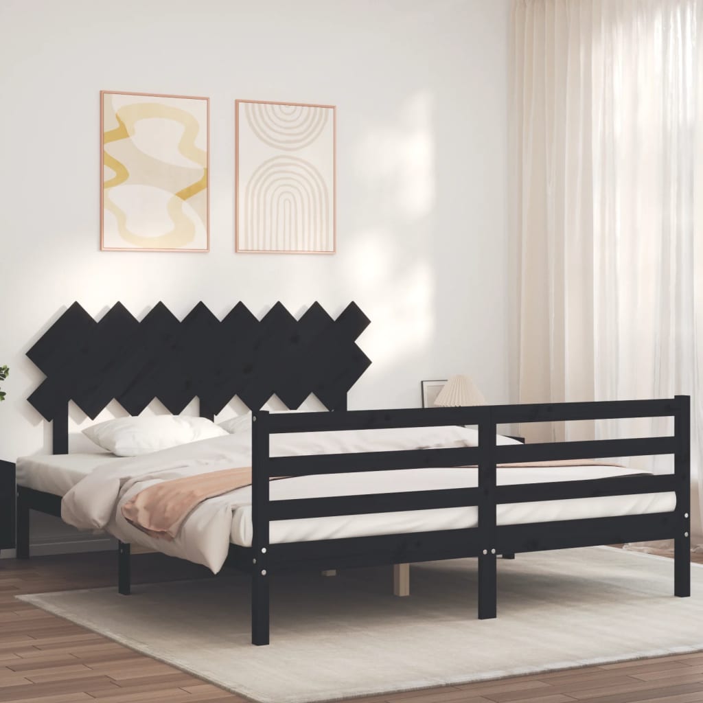 Estrutura de cama com cabeceira 160x200 cm madeira maciça preto