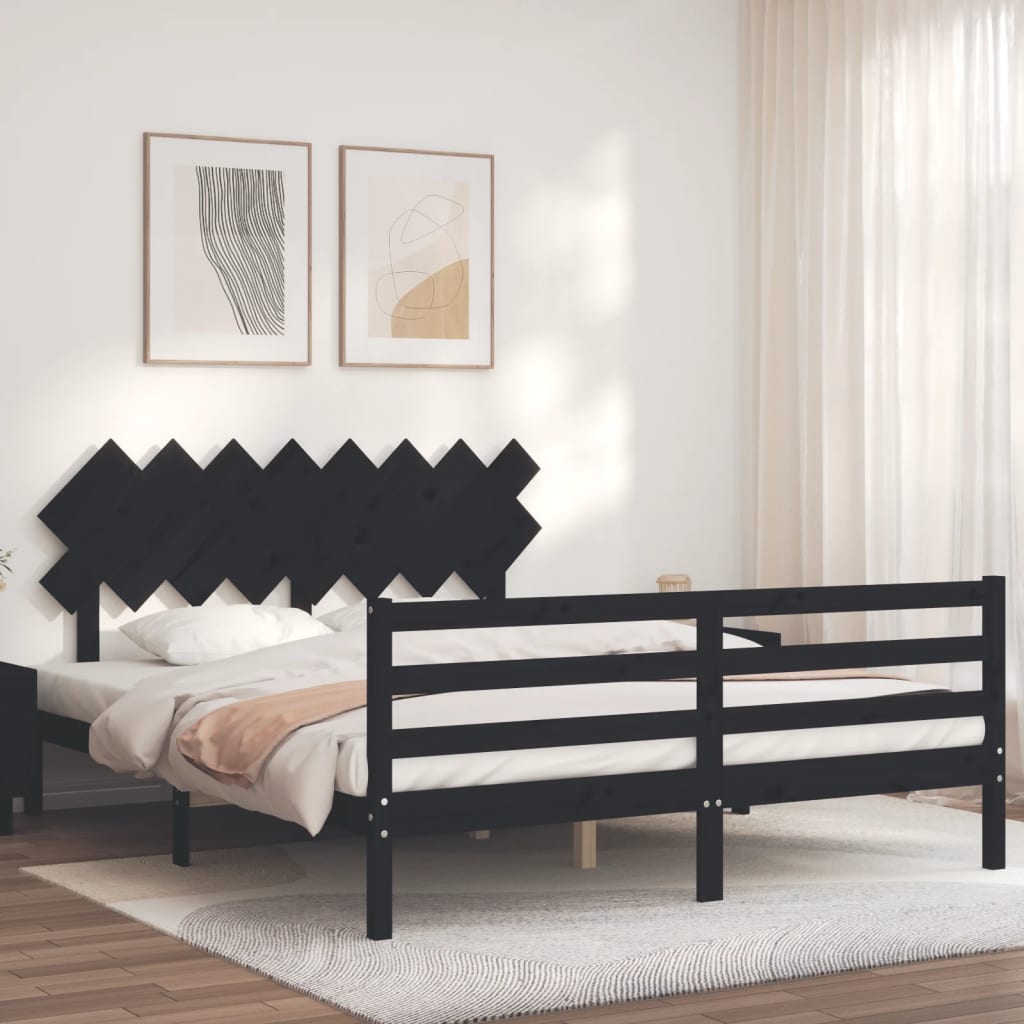 Estrutura de cama com cabeceira 160x200 cm madeira maciça preto