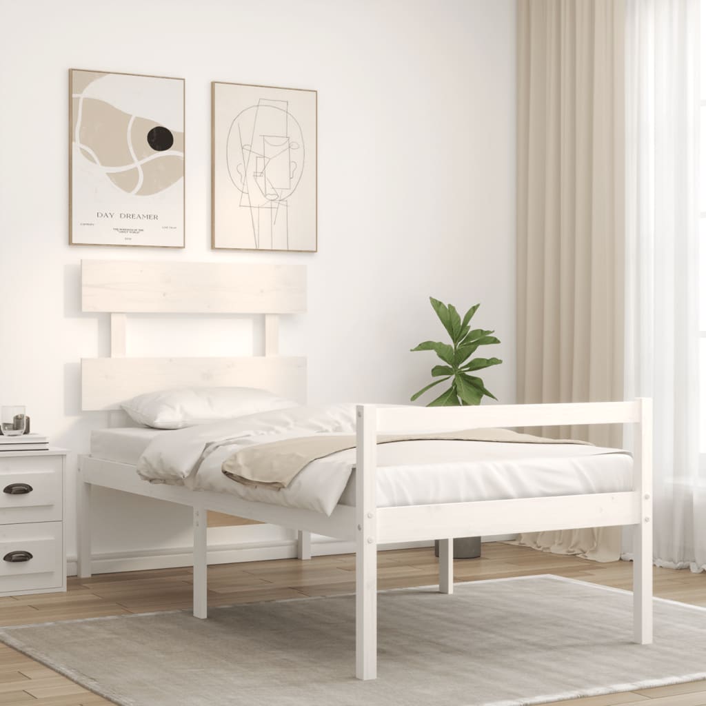 Cama de solteiro para idosos c/ cabeceira madeira maciça branco