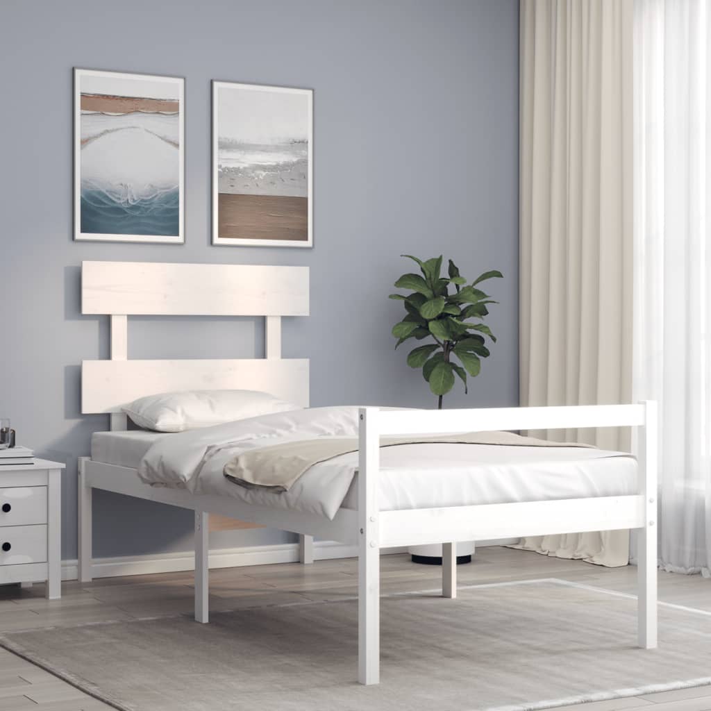 Cama de solteiro para idosos c/ cabeceira madeira maciça branco