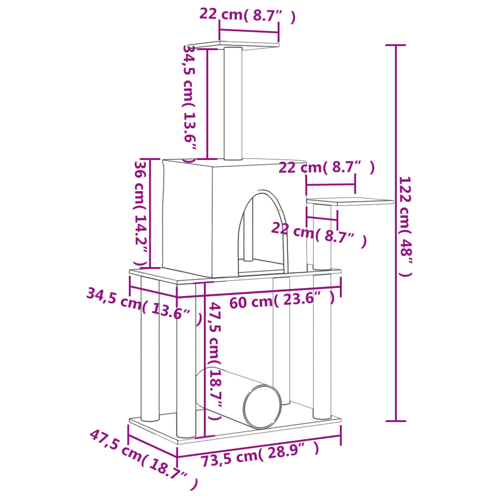 Árvore p/ gatos c/ postes arranhadores sisal 122cm cinza-escuro