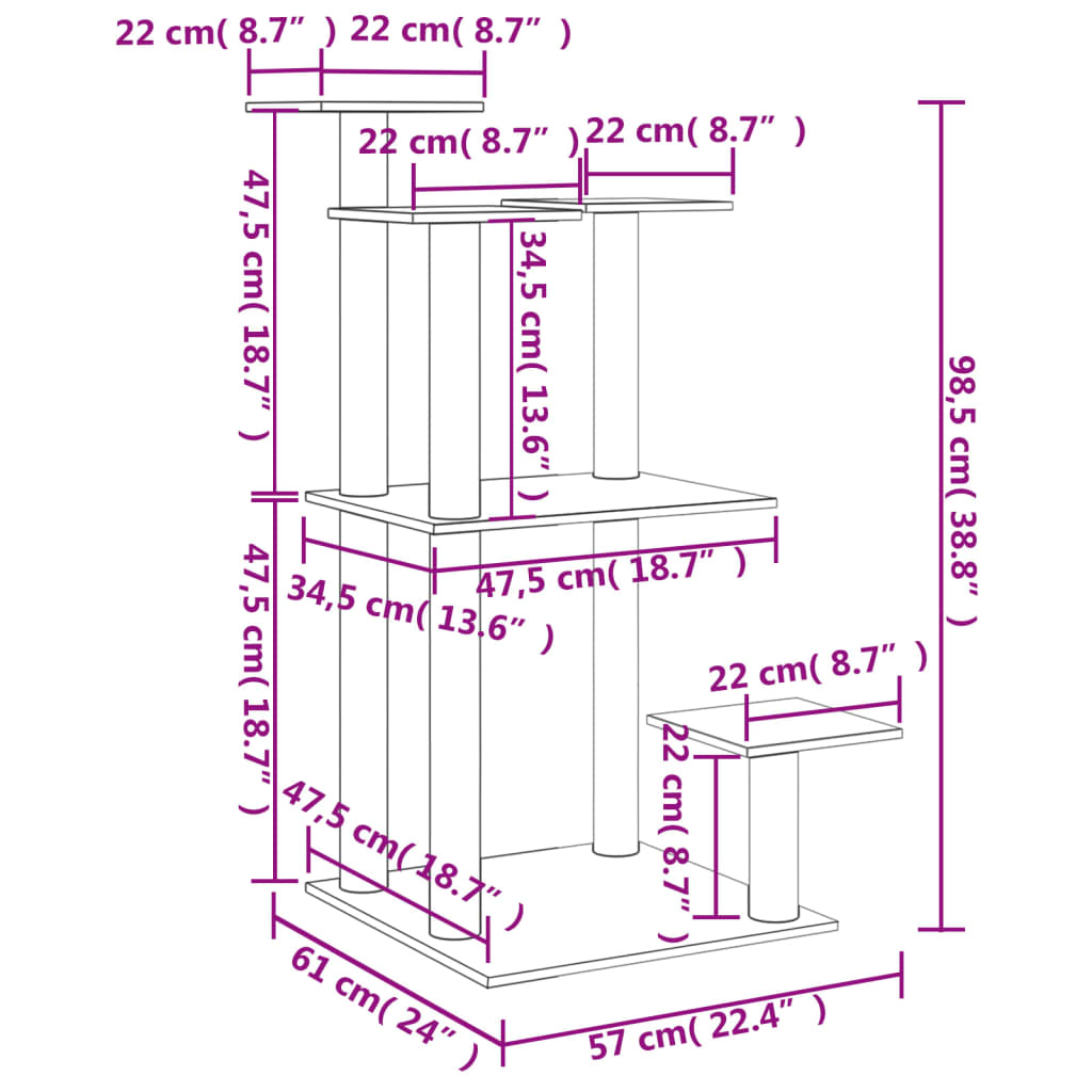 Postes arranhadores p/ gatos c/ plataformas 98,5 cm cinza-claro