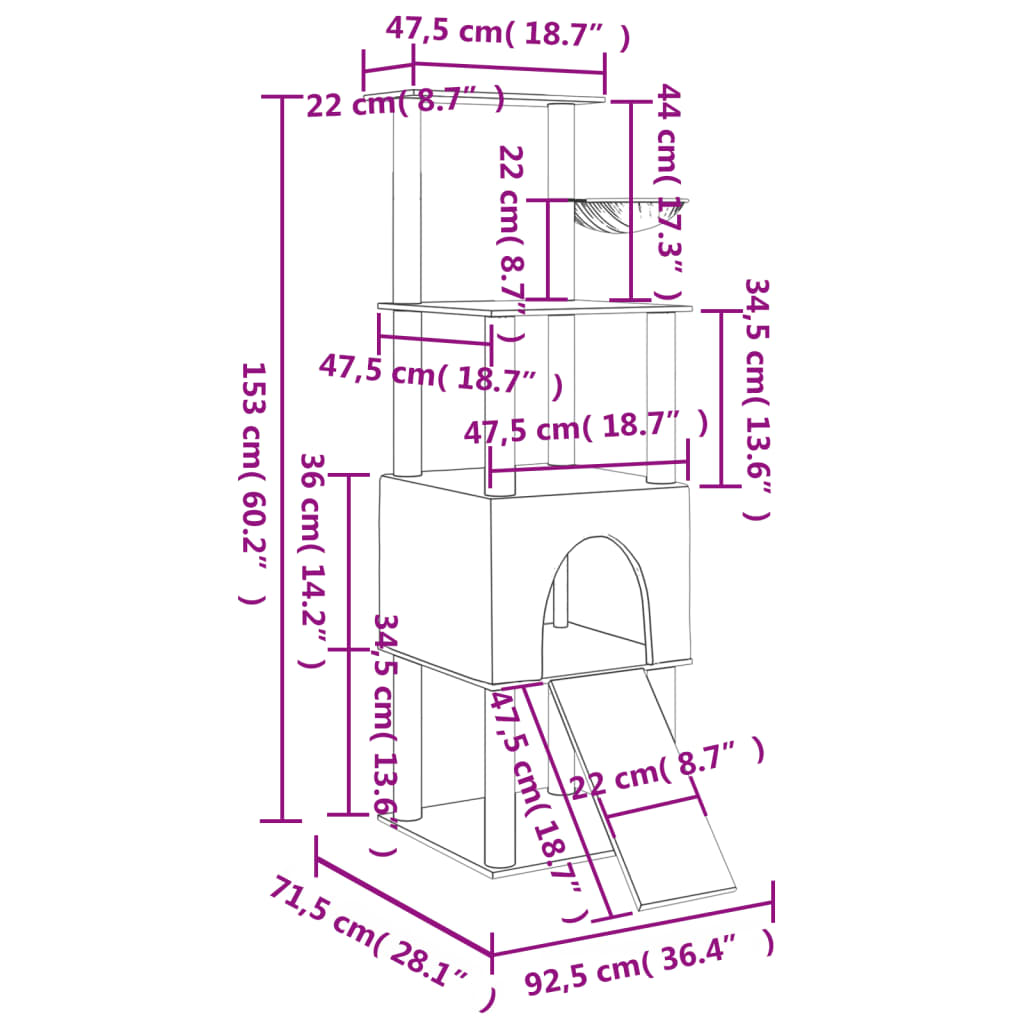 Árvore para gatos c/ postes arranhadores sisal 153 cm cor creme