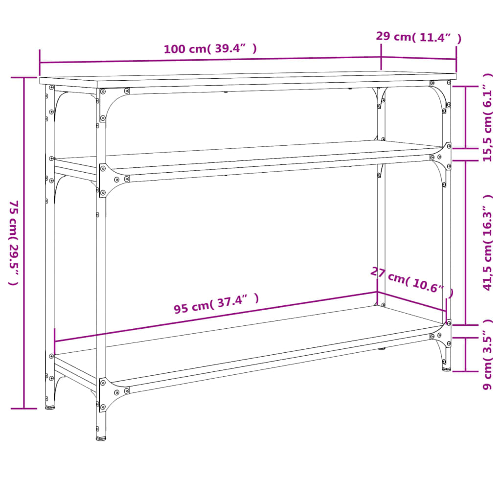 Consola de Entrada Breanna - 100x29x75 cm - Cor Preto - Derivados de Madeira com Estrutura de Metal - Design Industrial