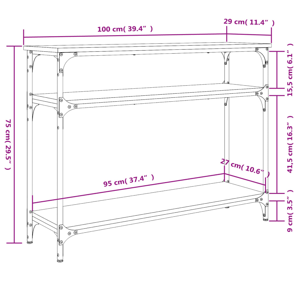 Consola de Entrada Breanna - 100x29x75 cm - Cor Carvalho Sonoma - Derivados de Madeira com Estrutura de Metal - Design Industrial