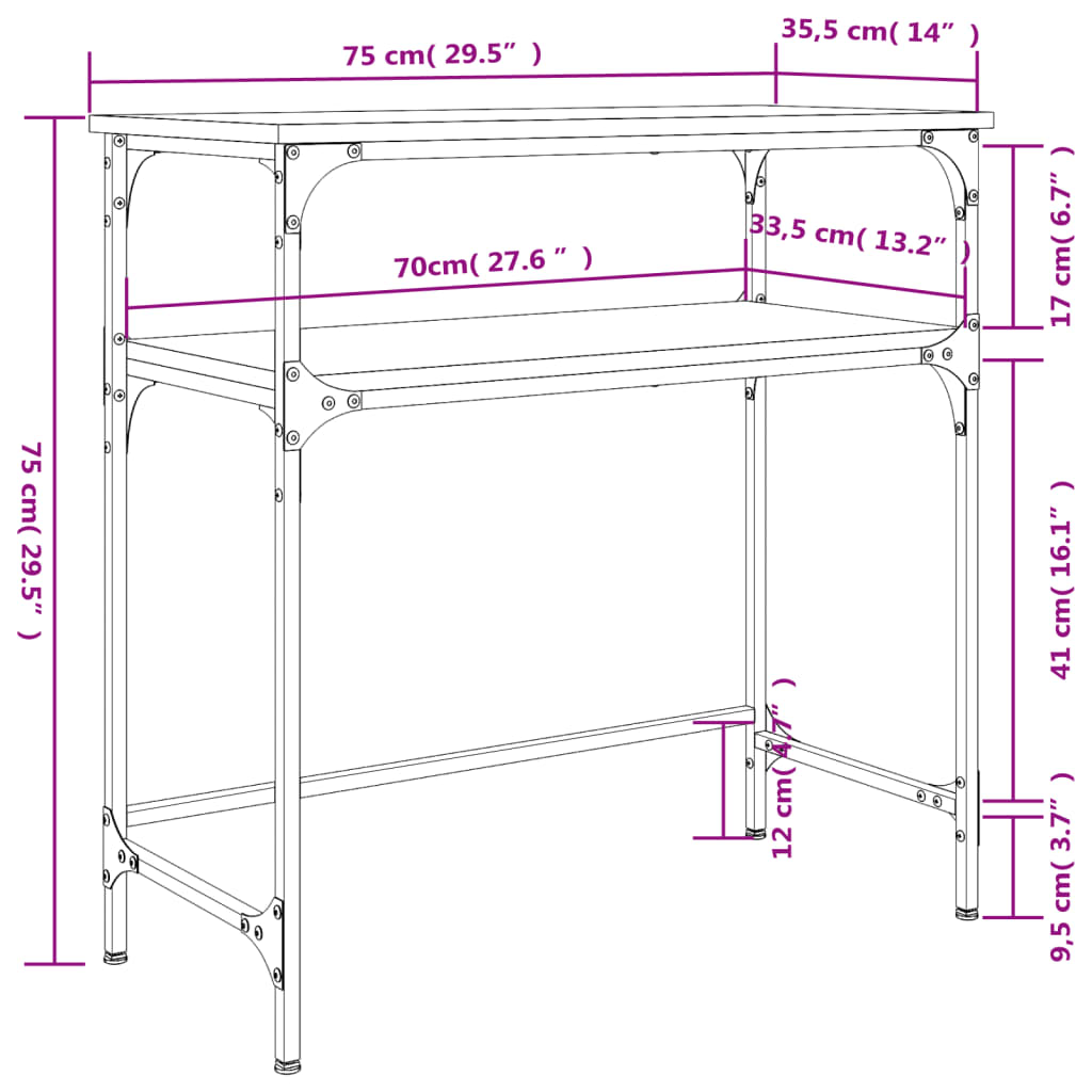 Consola de Entrada Breanna - 75x35,5 x75 cm - Com 2 Prateleiras - Cor Preto - Derivados de Madeira com Estrutura de Metal - Design Industrial