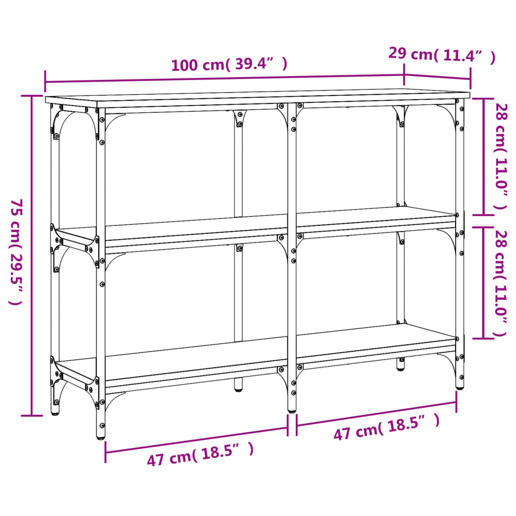 Consola de Entrada Brogan - Com 4 Prateleiras - 100x29x75 cm - Cor Carvalho Sonoma - Derivados de Madeira com Estrutura de Metal - Design Industrial