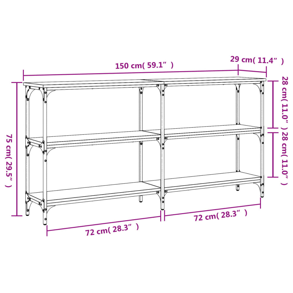 Consola de Entrada Brogan - Com 4 Prateleiras - 150x29x75 cm - Cor Cinzento - Derivados de Madeira com Estrutura de Metal - Design Industrial