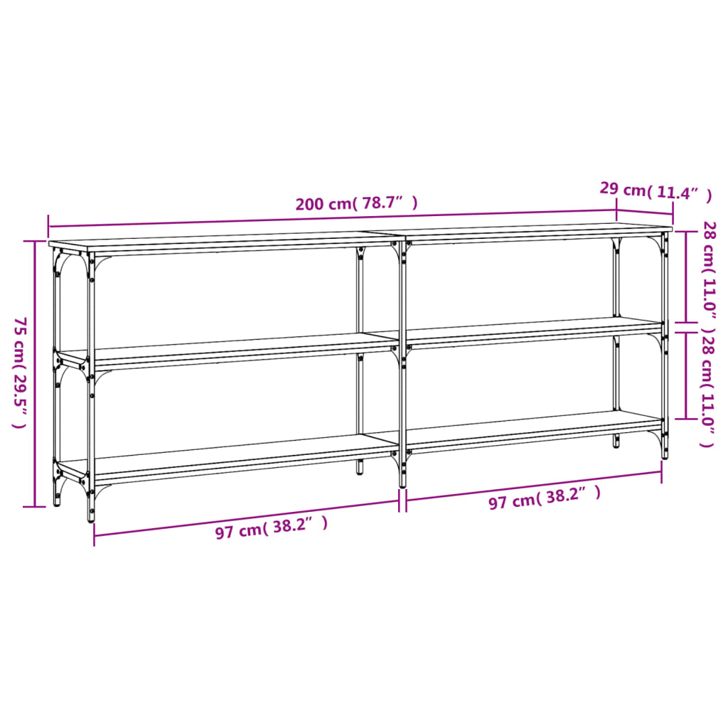 Consola de Entrada Brogan - Com 4 Prateleiras - 200x29x75 cm - Cinzento - Derivados de Madeira com Estrutura de Metal - Design Industrial