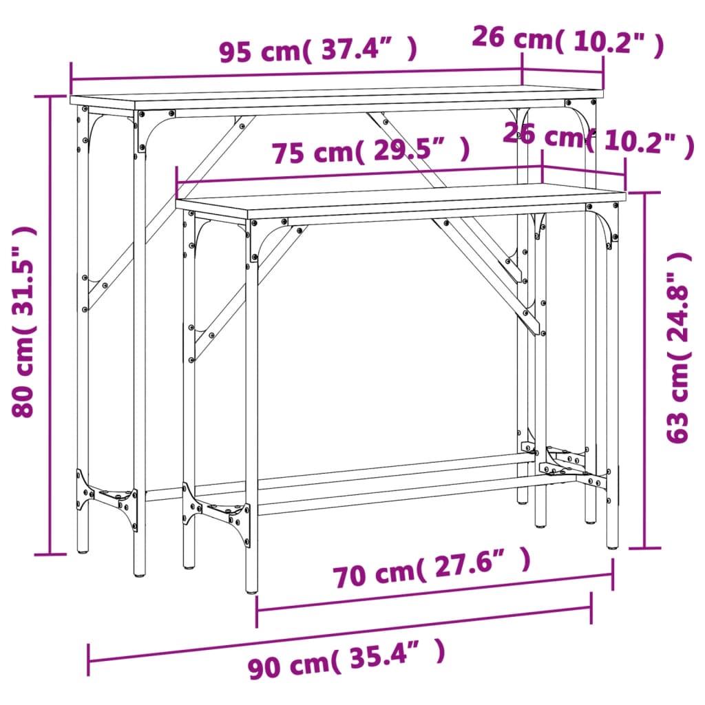 Consola de Entrada Simone - 2 Mesas - 95 x 26 x 80 cm / 75 x 26 x 63 cm - Cor Cinzento - Derivados de Madeira com Estrutura de Metal