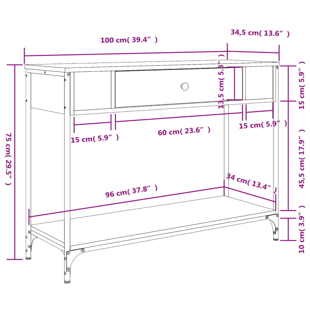 Mesa consola 100x34,5x75cm derivados de madeira carvalho sonoma