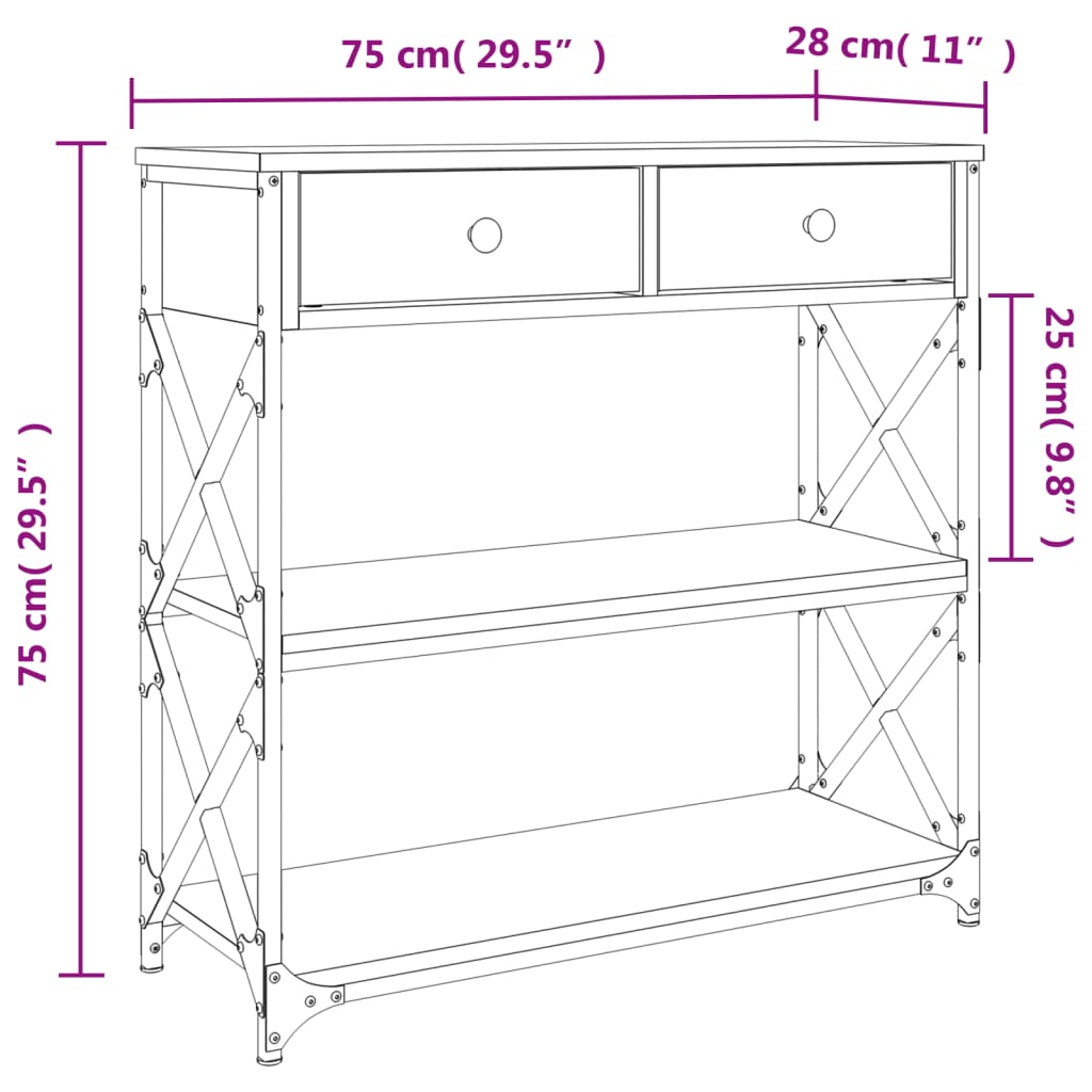 Mesa consola 75x28x75 cm derivados de madeira cinzento sonoma