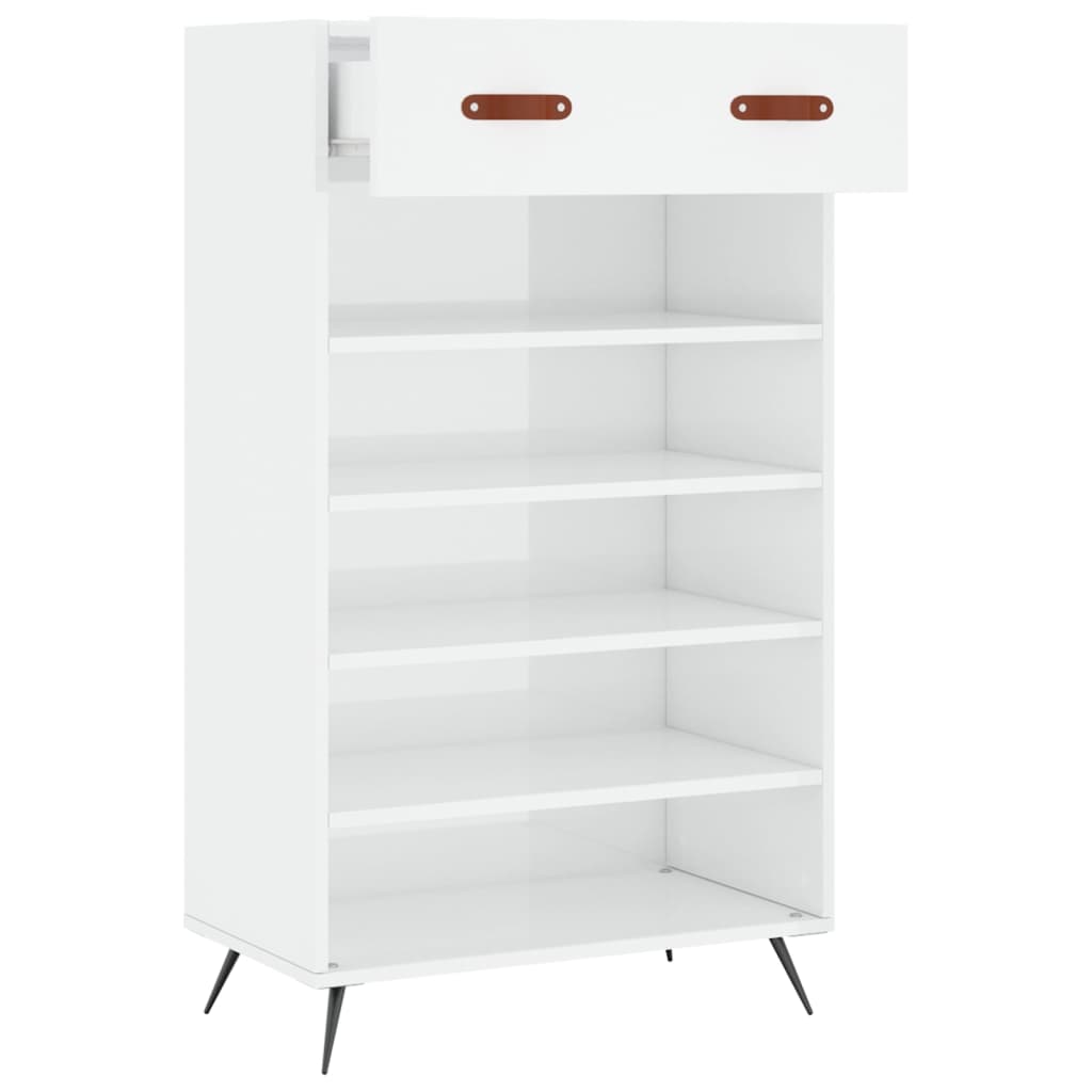 Sapateira Matilde - Com 1 Gaveta e 5 Prateleiras - Cor Branco Brilhante - 60x35x105 cm - Derivados de Madeira, Couro Artificial e Pés em Ferro - Design Nórdico